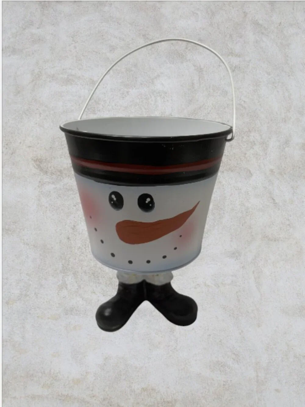 SNOWMAN BUCKET -- Small Bucket on Legs, Painted Face, Spring Makes Wobble Effect